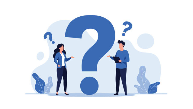Confusion and problem solving concept with man and woman discussing questions beside a giant blue question mark icon.