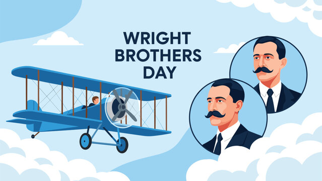 Wright brothers day commemoration showing classic early biplane flying in the sky alongside portraits of the famous inventors.