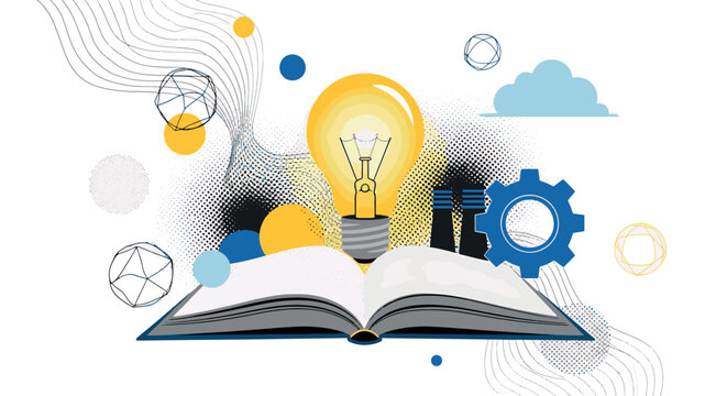Concept of creative learning and educational discovery with an open book glowing light bulb and technical gear elements vector illustration