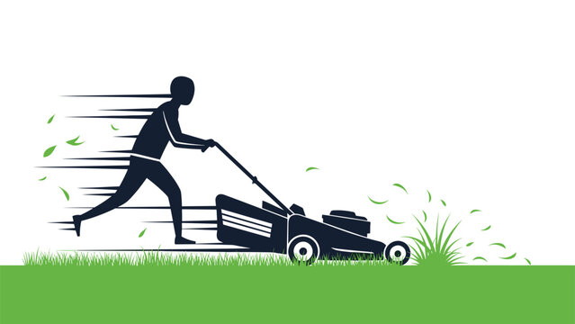 Silhouette of man moving fast while pushing lawnmower to cut green grass representing efficient garden maintenance service.