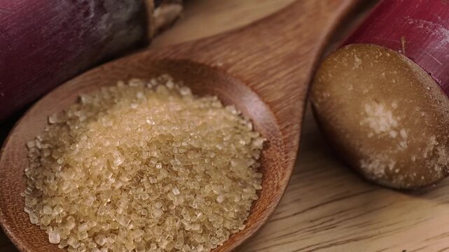 Cane sugar crystals on a wooden spoon with sugarcane