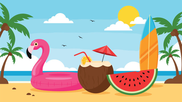 Tropical beach summer vacation elements including pink flamingo float with coconut drink and surfboard under palm trees.