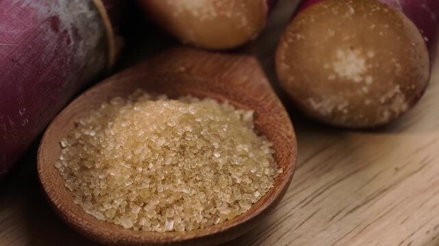 Cane sugar crystals on a wooden spoon with sugarcane