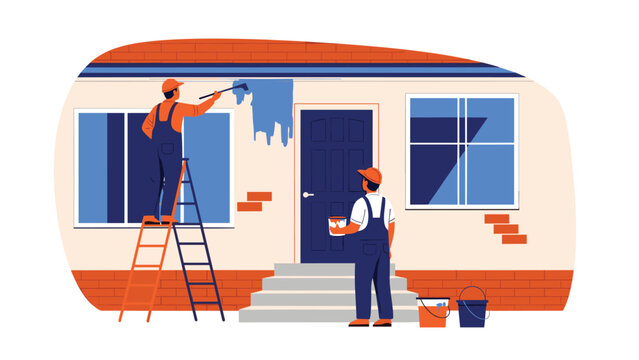 Professional house painters in overalls use ladders to apply a fresh coat of blue paint to the exterior of a residential home.