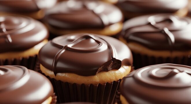 Chocolate frosted cupcakes with bite taken out, close-up perfect for I Love Reese's Day