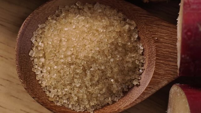 Cane sugar crystals on a wooden spoon with sugarcane