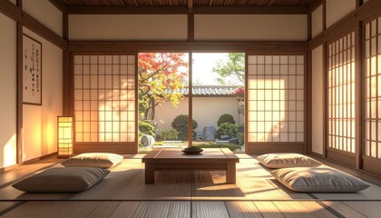 Fototapeta premium Serene Traditional Japanese Room with Garden View.