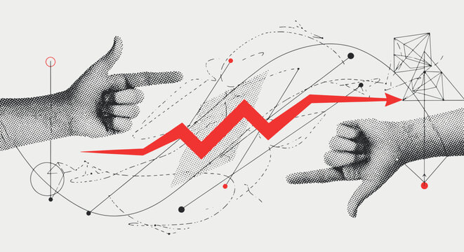 Business growth concept with red arrow moving up through hands gestures and technical geometry diagrams in a creative collage vector illustration
