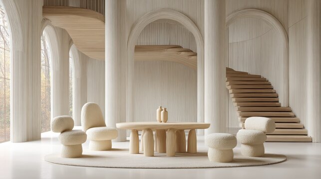Elegant interior space features contemporary furniture arranged beneath sweeping architectural curves and wooden staircases