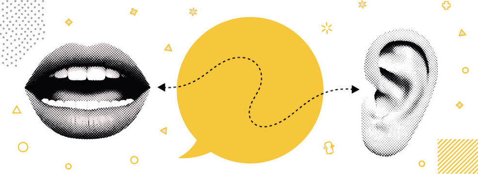 Modern conceptual collage showing the process of active listening and verbal communication between a mouth and an ear vector illustration