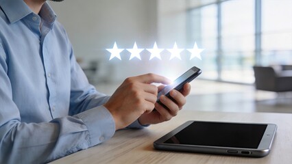 Obraz premium Businessman using smartphone five glowing stars holographic rating overlay digital customer feedback concept modern office desk workspace background