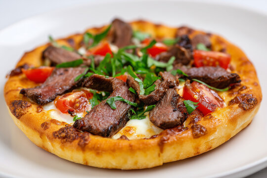 Meat pizza with crispy crust and beef toppings delicious fast food isolated on white background
