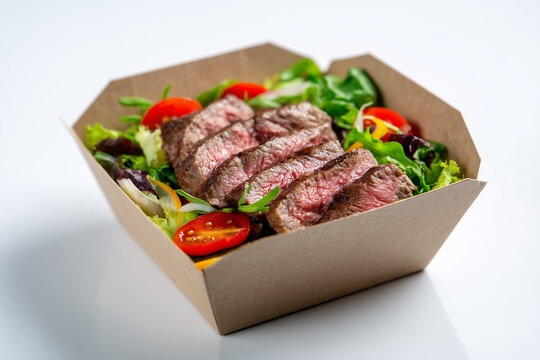 Grilled steak salad with fresh vegetables in takeaway box healthy meal isolated on white background
