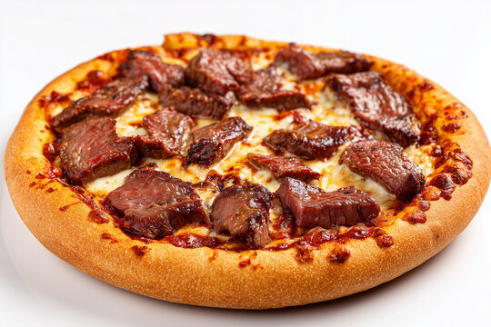 Meat pizza with crispy crust and beef toppings delicious fast food isolated on white background
