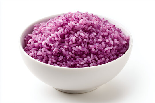 Bowl of purple rice grains healthy organic food ingredient isolated on white background
