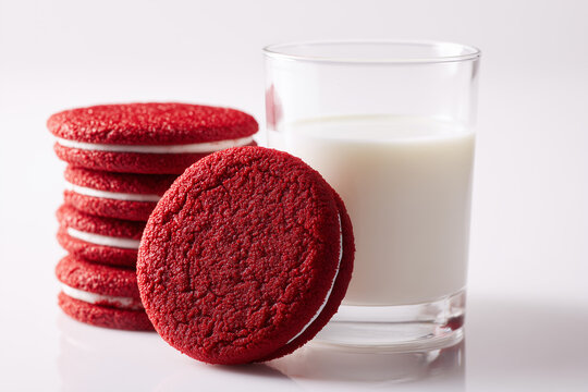 Stacked red velvet cookies with cream filling and glass of milk vibrant dessert concept isolated on white background
