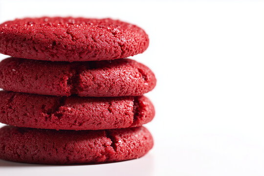 Stacked red velvet cookies with cream filling vibrant dessert concept isolated on white background
