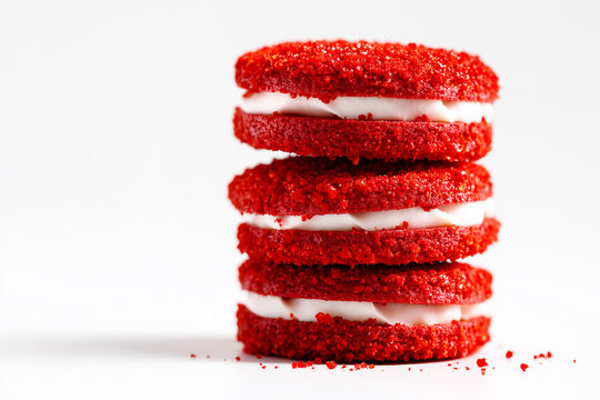Stacked red velvet cookies with cream filling vibrant dessert concept isolated on white background
