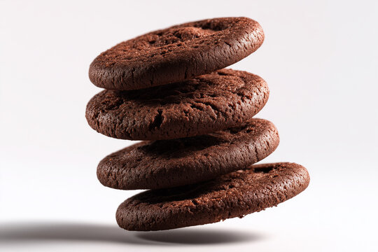 Stacked chocolate cookies in floating arrangement sweet dessert concept isolated on white background
