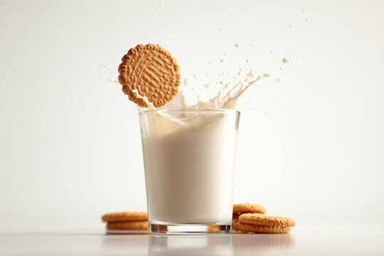 Milk splash in glass with biscuit cookies dynamic snack concept isolated on white background
