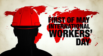 Silhouette of construction worker with hard hat against world map for first of may international workers day celebration