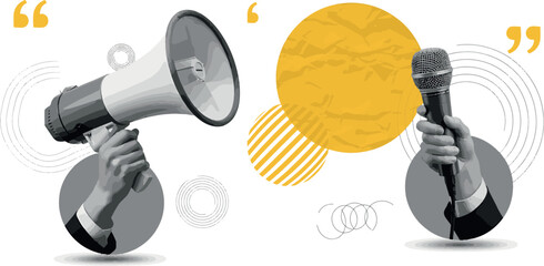 Professional hands holding megaphone and microphone for public speaking broadcasting news and social media communication marketing message abstract graphic vector illustration