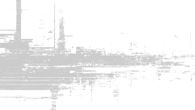 Glitchy distorted digital image with grey pixels and lines on white background