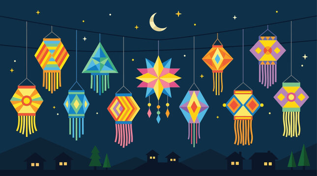 Bright and festive flat illustration of traditional Vesak lanterns, symbolizing light and enlightenment in Buddhist celebrations.