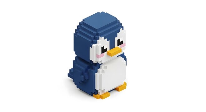 3D pixel art penguin toy isolated on white background