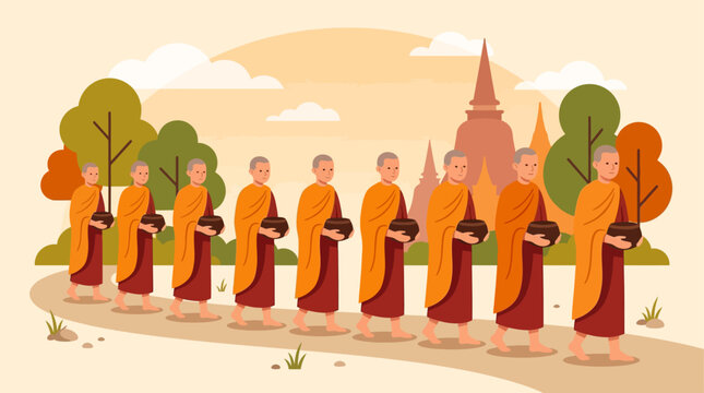 Simple flat illustration of Buddhist monks walking for alms giving, representing humility and tradition during Vesak Day.