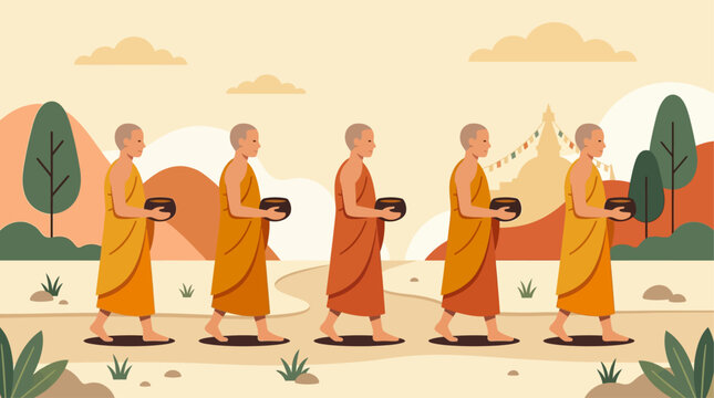 Simple flat illustration of Buddhist monks walking for alms giving, representing humility and tradition during Vesak Day.