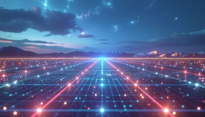 Obraz premium 星空と光の未来デジタルネットワーク背景