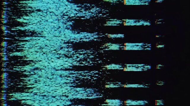 Dynamic digital glitch effect with vibrant green to pink gradient, digital distortion, and static interference, representing data corruption, retro technology