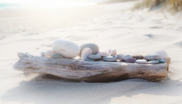 Beach stones and seashells artfully arranged on weathered driftwood along a serene sandy shore under soft sunlight