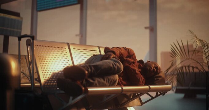 Exhausted Traveler Lies Down Across Row of Metal Seats in Departure Lounge. Man Uses Backpack As Makeshift Pillow. Fatigue and Discomfort of Long International Transits and Unexpected Flight Delays.