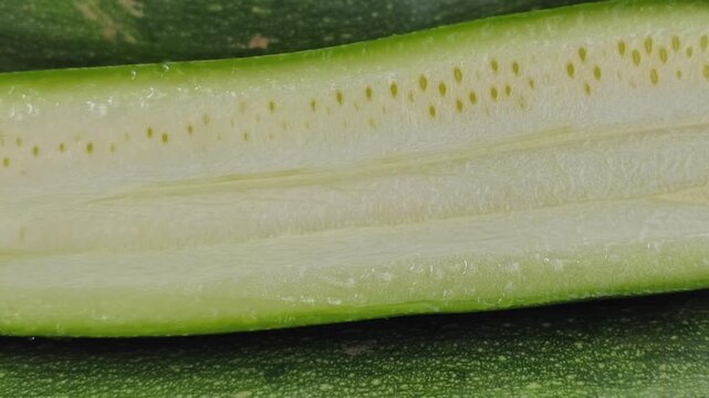 Sliced green zucchini, showing seeds and flesh