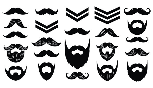 Mustache and beard set on white background. Vintage beard and mustache silhouette. Barber shop cartoon black beard label. Hipster style barber shop beard 