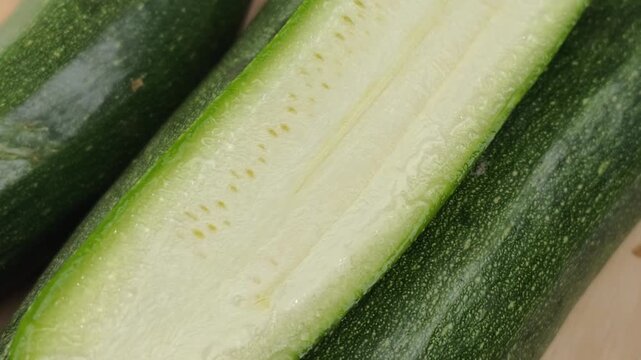 Sliced green zucchini, showing seeds and flesh