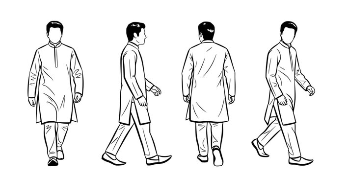 Stylized vector illustration of an Indian man in traditional kurta and pajama, depicted walking from various perspectives in detailed black and white line art