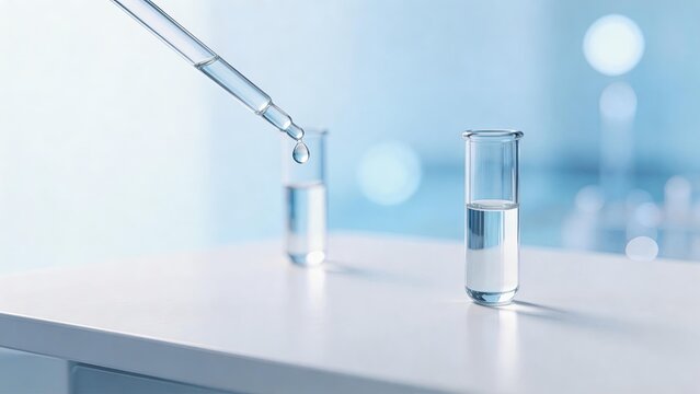 closeup of liquid in pipette dropping to test tube laboratory science equipment medicine research and development chemistry analysis tool