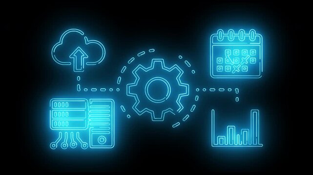 Glowing blue neon icons of cloud computing, calendar, gear, and graphs on a black background with a futuristic and technological mood.