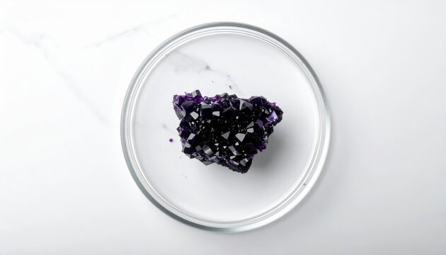 Dark purple crystalline iodine flakes sublimating in a laboratory setting