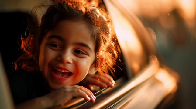 little mauritian girl putting her head outside laughing of car window while the car is driving. sun rise and leica shot,