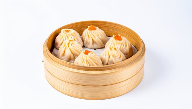 Steamed crab roe dumplings in a bamboo basket, showcasing delicate pleating and vibrant toppings, perfect for an authentic Asian culinary experience.