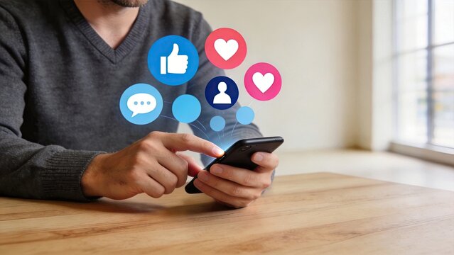 Businessman using smartphone engaging with social media app on mobile device digital marketing online communication user interface interaction technology concept internet usage at