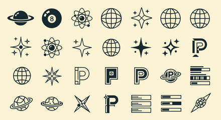 Retro Futuristic Space and Science Icon Set Featuring Planets Atoms Stars Spheres and Abstract Letter P Monogram Minimalist Vector Illustration © Kanon Islam