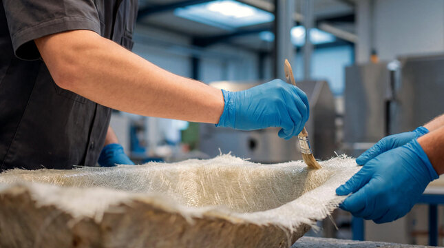 Close-up of worker's hands in blue gloves applying resin with a brush to fiberglass composite material during manufacturing