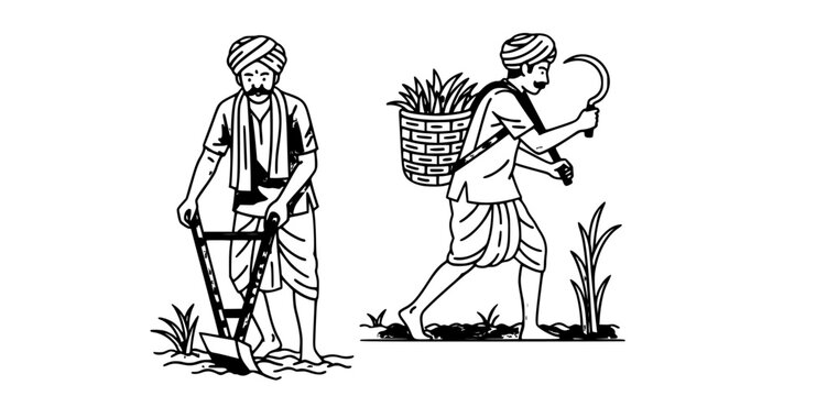 Monochrome illustration two traditional farmers. One tills soil with a hand plough, the other carries harvested crops and a sickle, depicting rural agricultural labor