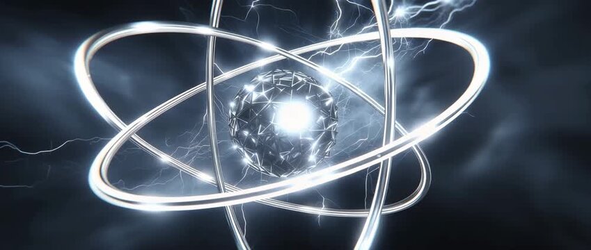 A dynamic illustration of a glowing atom with orbiting energy trails.