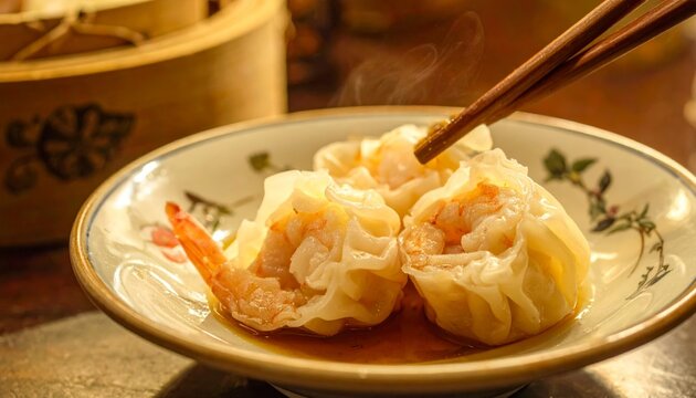 Steaming Shumai dumplings with visible shrimp pieces and delicate pleated wrappers served in a bowl
